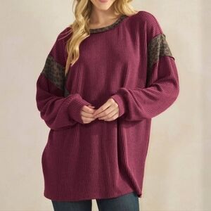 New Heimish Burgundy Urban Ribbed Top With Animal Print Accent